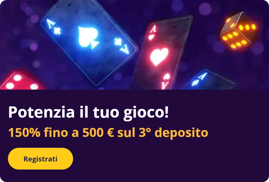 Banner promozionale che mostra un'offerta di bonus fino a 500 €.