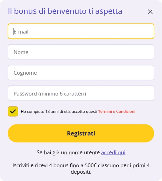 Schermata di registrazione del casinò con campi per email, nome, password e pulsante di registrazione