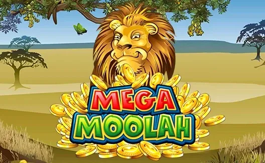 Copertina della slot 'Mega Moolah' con un leone dorato su uno sfondo di savana africana