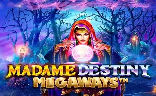 Copertina della slot 'Madame Destiny Megaways' con una mistica veggente e una sfera di cristallo